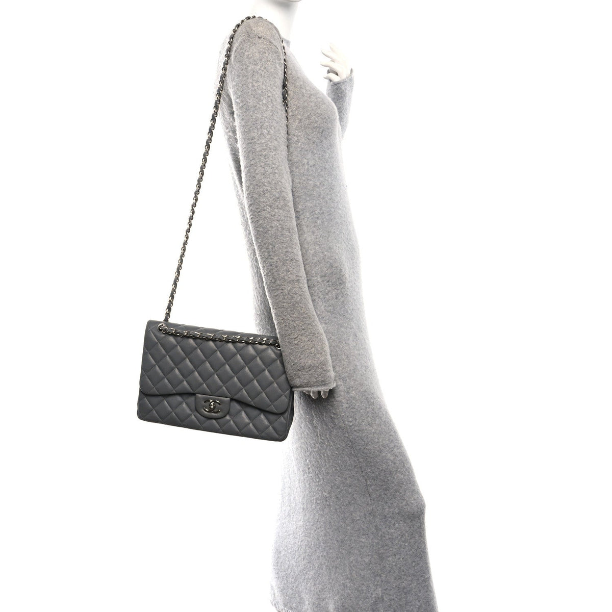 Caviar Quilted Jumbo Double Flap Grey