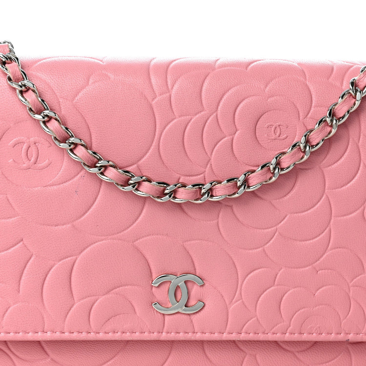 Lambskin Camellia Embossed Wallet on Chain WOC Pink