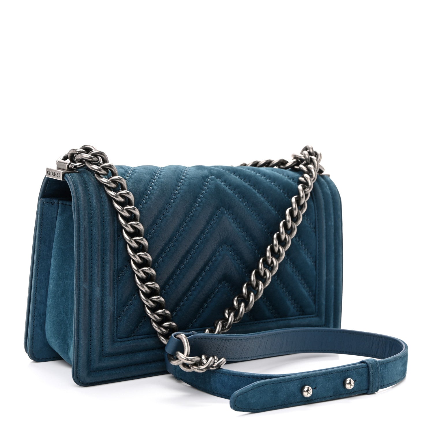 Nubuck Chevron Quilted Medium Boy Flap Blue