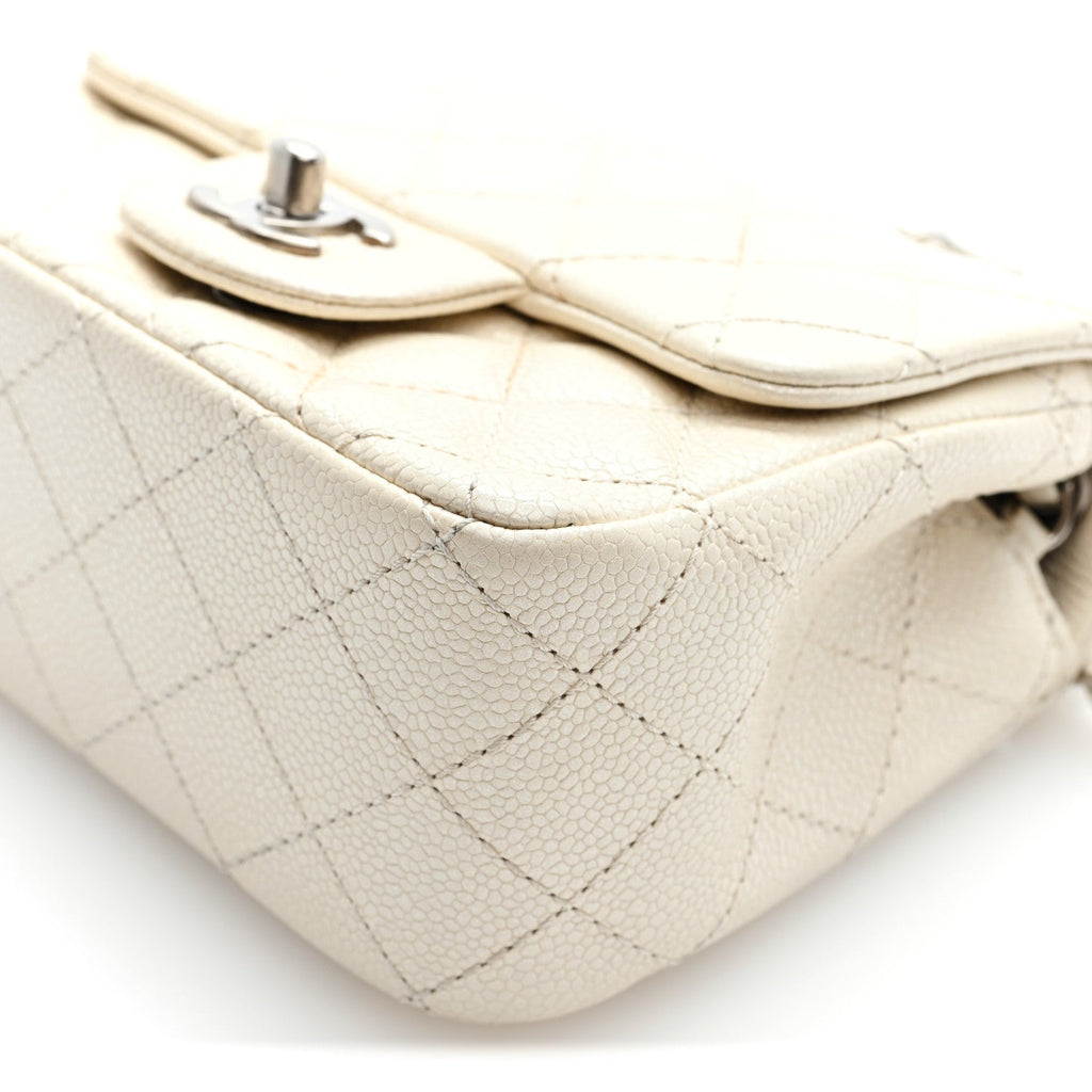 Iridescent Caviar Quilted Mini Square Flap White