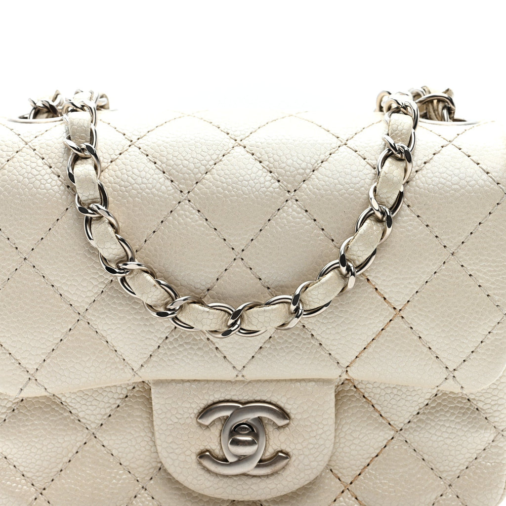 Iridescent Caviar Quilted Mini Square Flap White