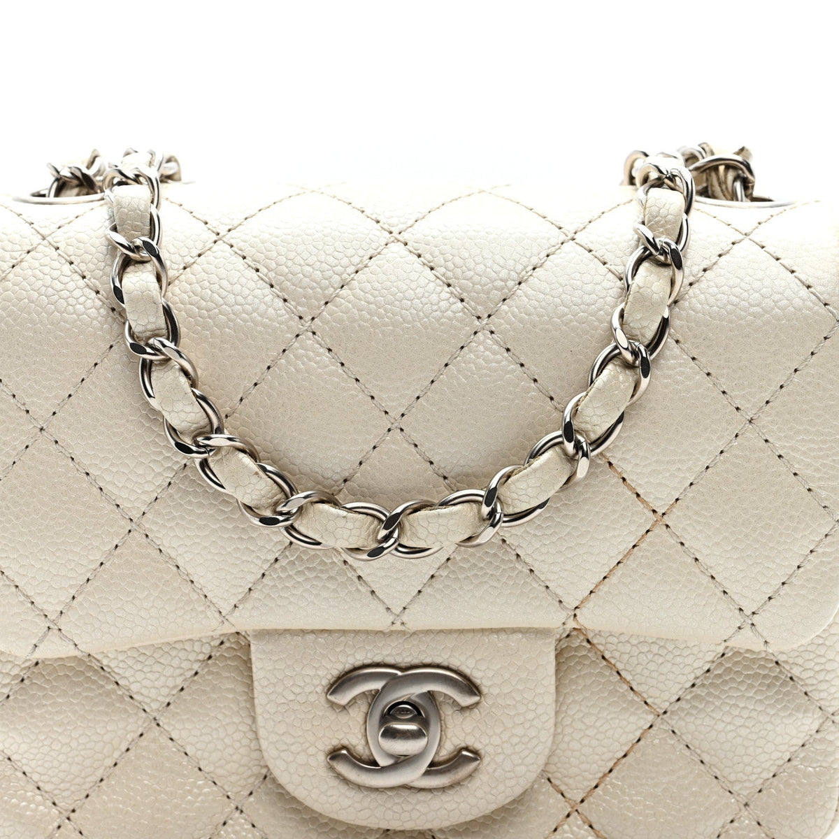 Iridescent Caviar Quilted Mini Square Flap White