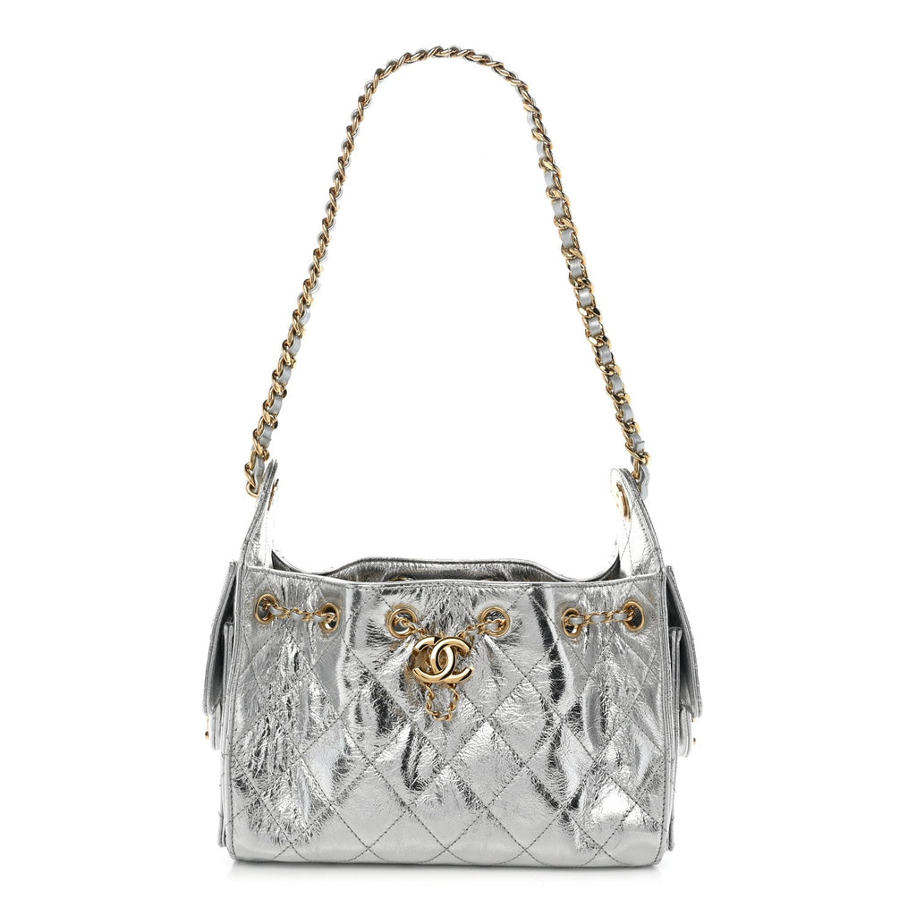 Metallic Aged Calfskin Quilted Mini Chanel 25 Handbag Silver