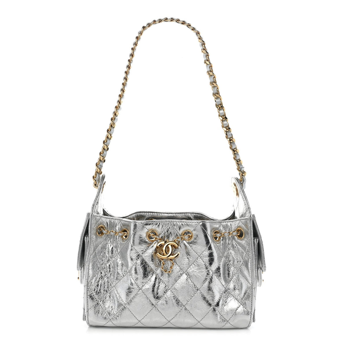 Metallic Aged Calfskin Quilted Mini Chanel 25 Handbag Silver