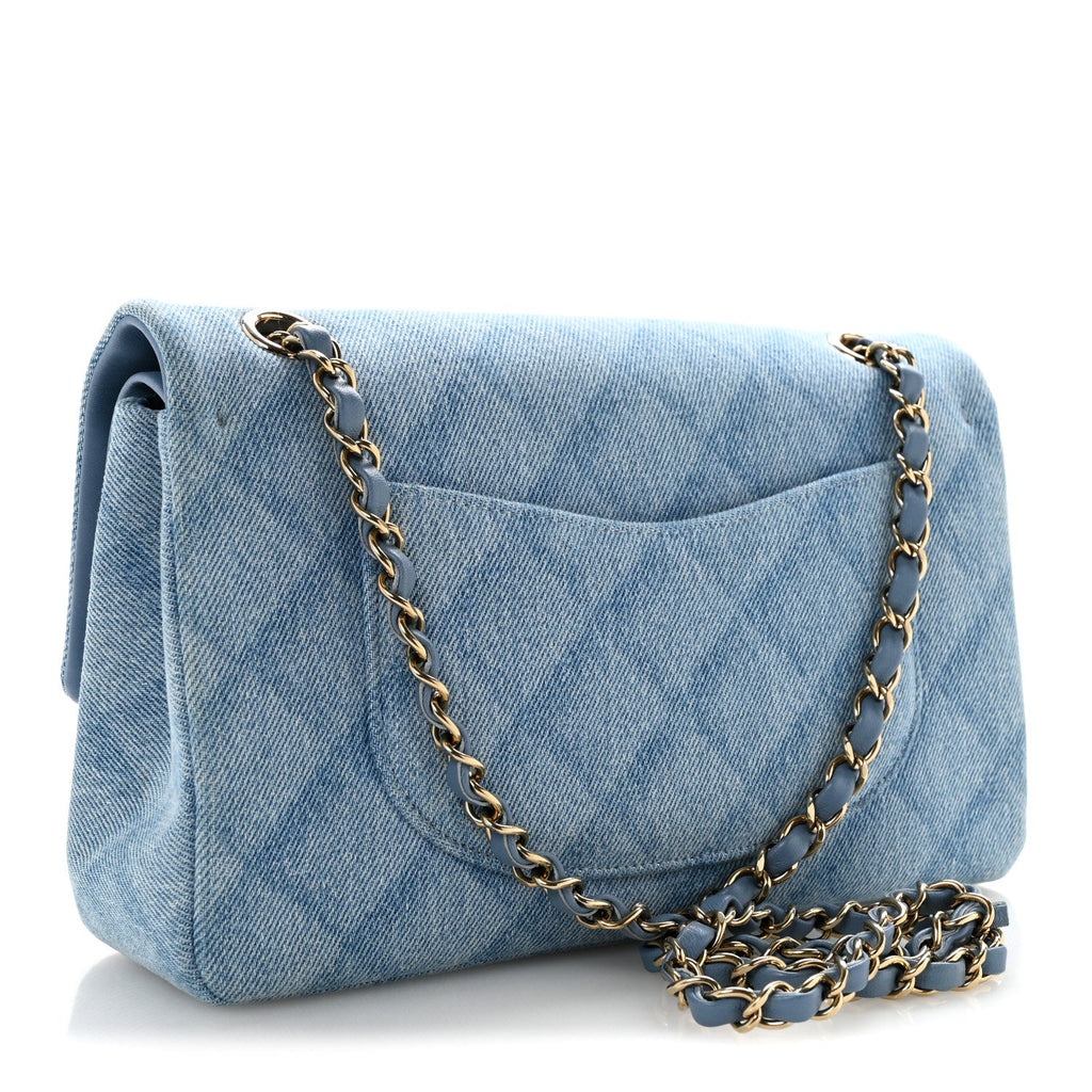 Printed Denim Quilted Medium Double Flap Light Blue