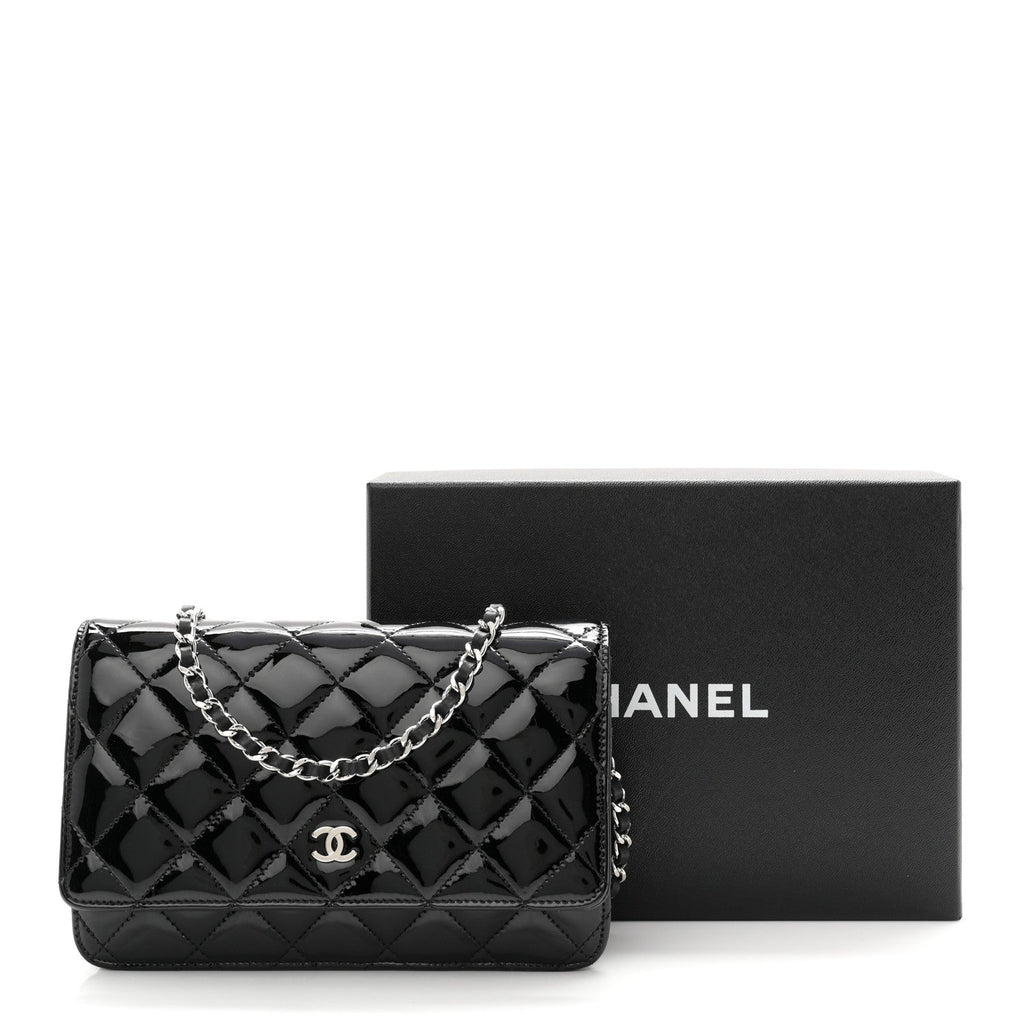 Patent Quilted Wallet On Chain WOC Black