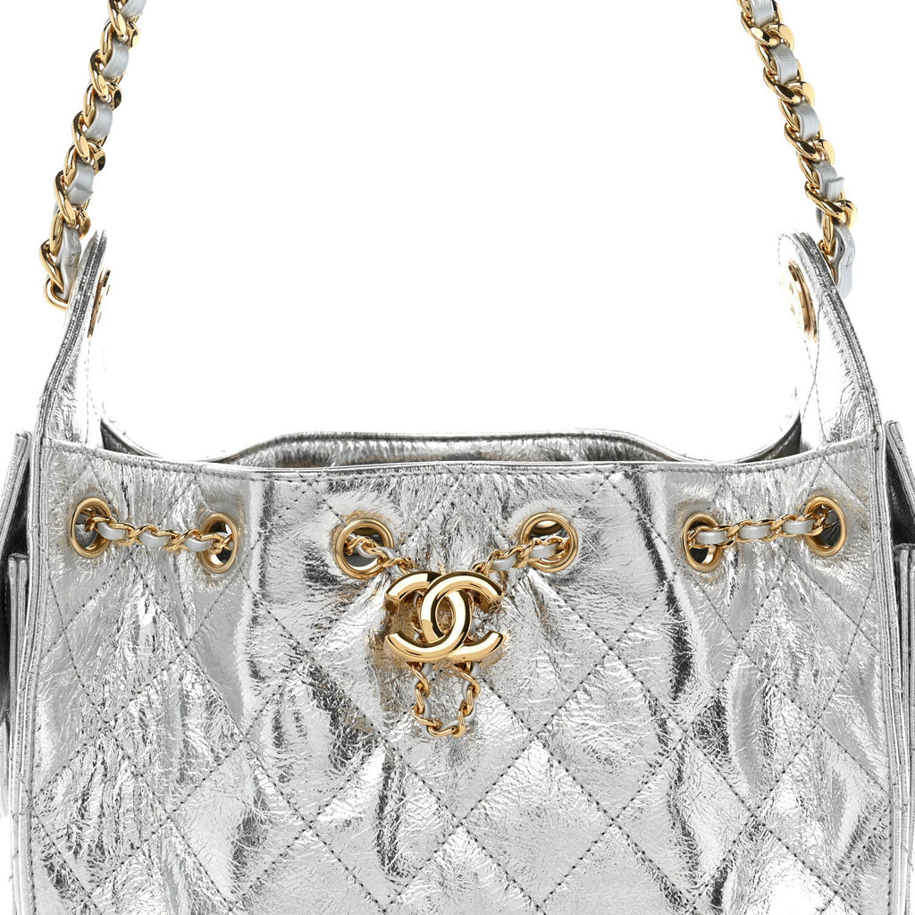 Metallic Aged Calfskin Quilted Mini Chanel 25 Handbag Silver