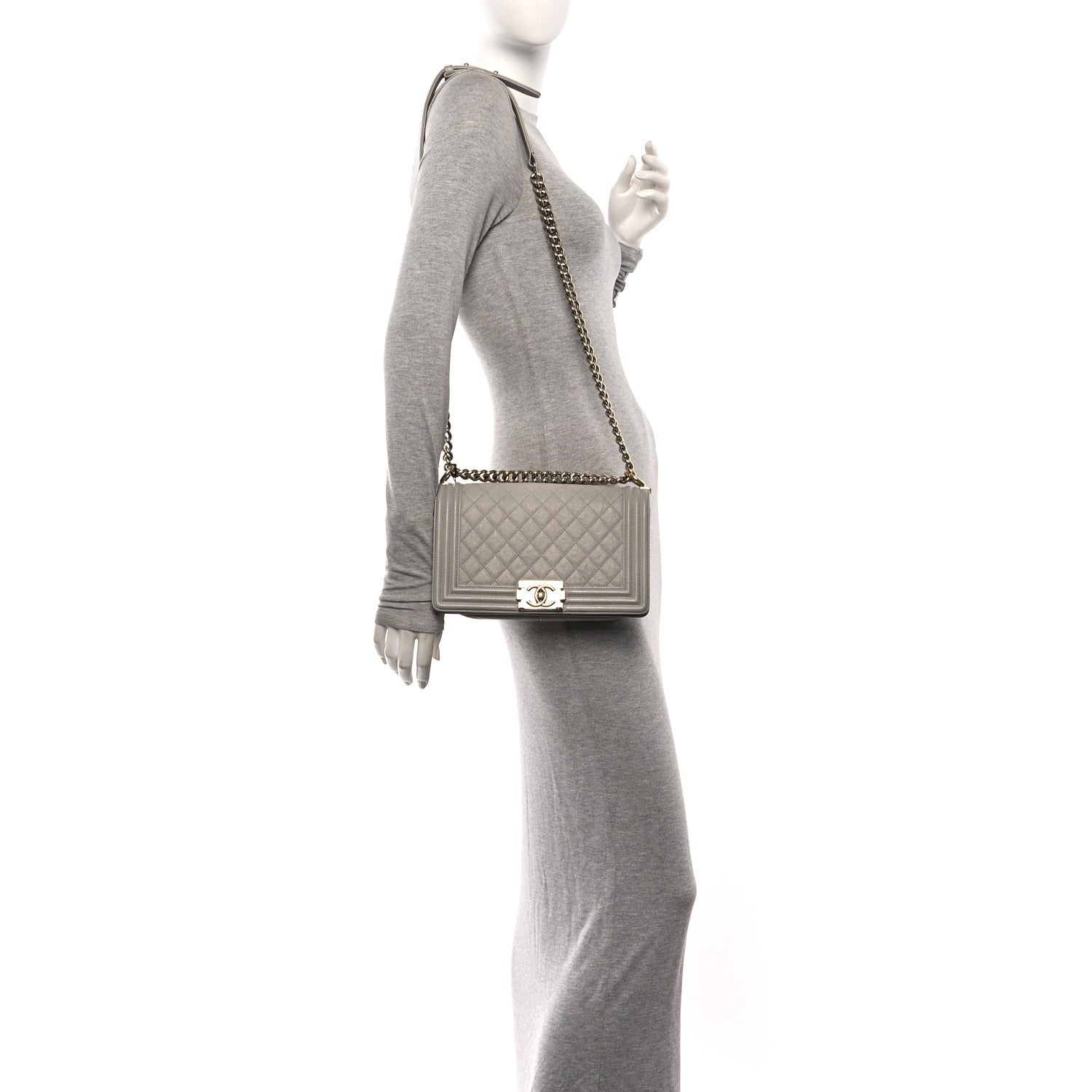 Caviar Quilted Medium Boy Flap Light Grey