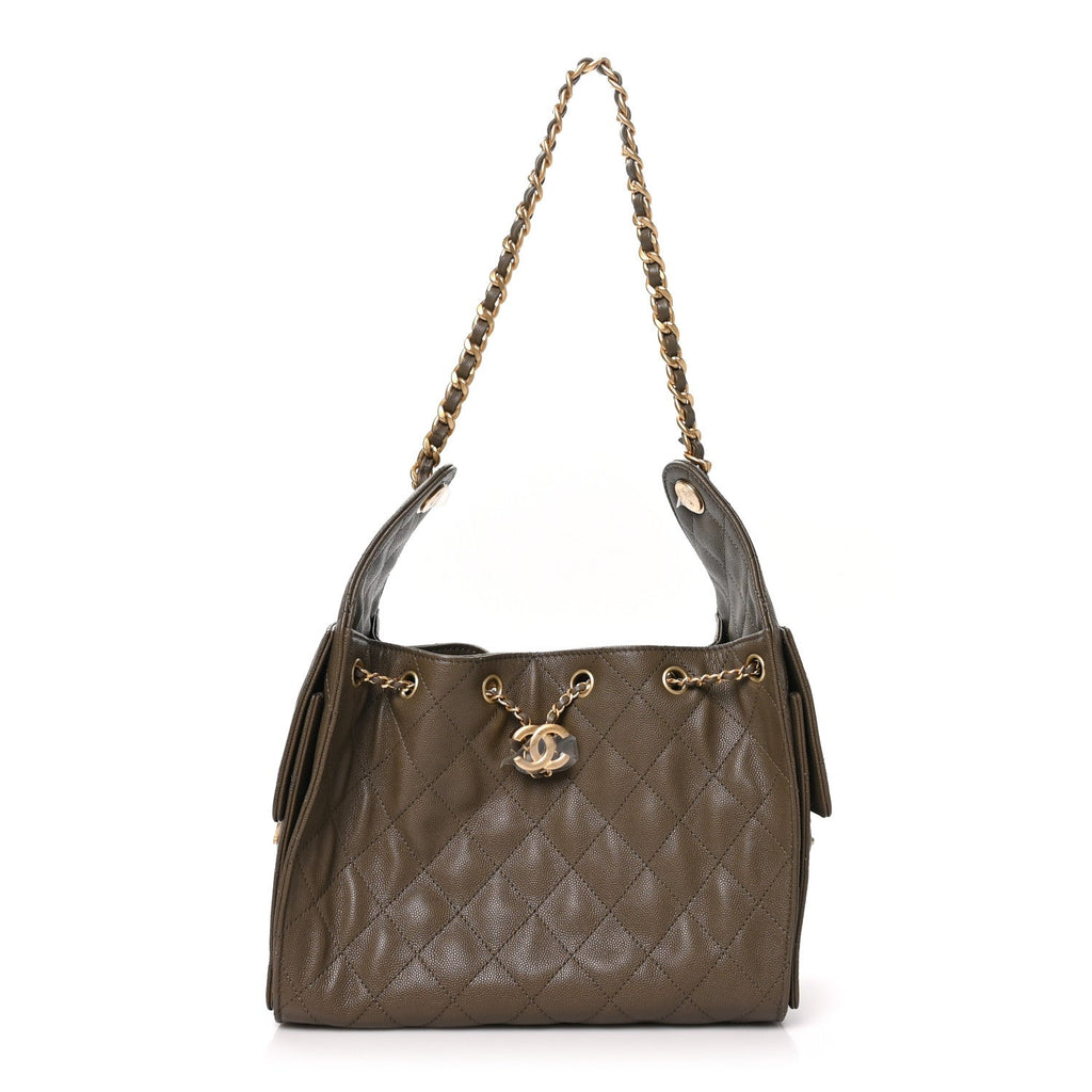 Caviar Quilted Small Chanel 25 Handbag Dark Khaki