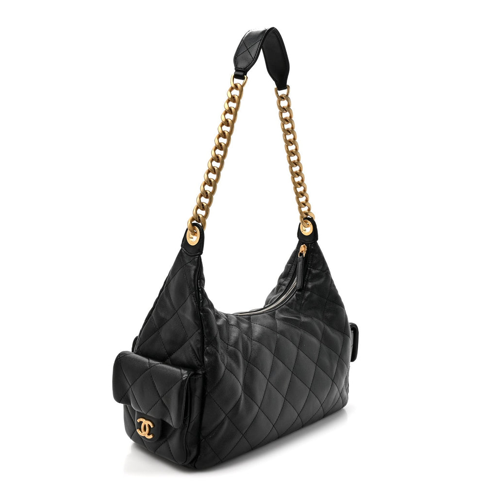 Shiny Lambskin Quilted Trendy Pockets Hobo Black Black