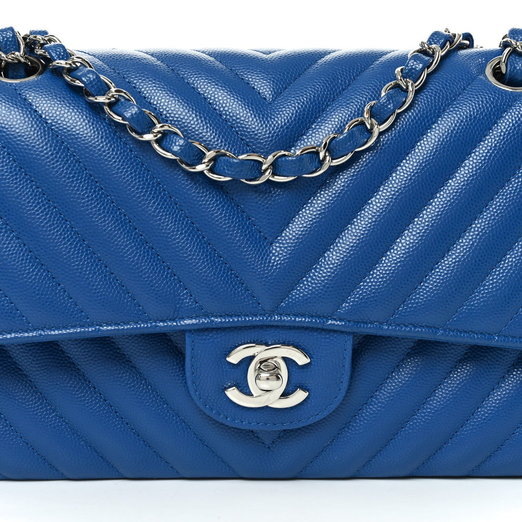 Caviar Chevron Quilted Medium Double Flap Blue