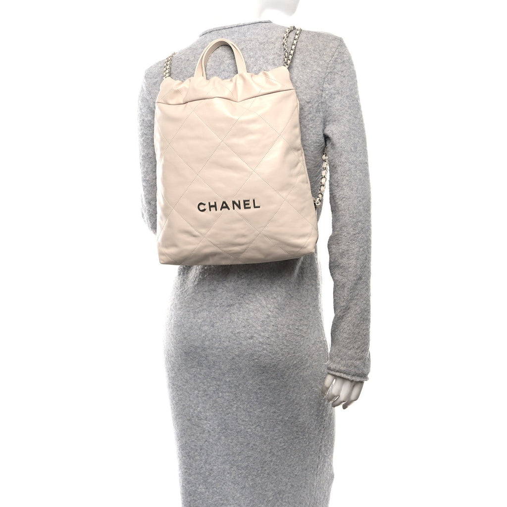 Shiny Calfskin Quilted Chanel 22 Backpack Beige