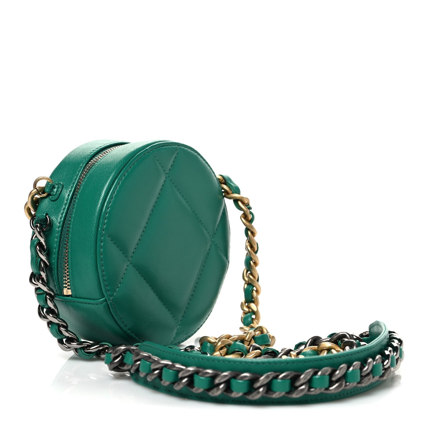 Lambskin Quilted Chanel 19 Round Clutch With Chain Green