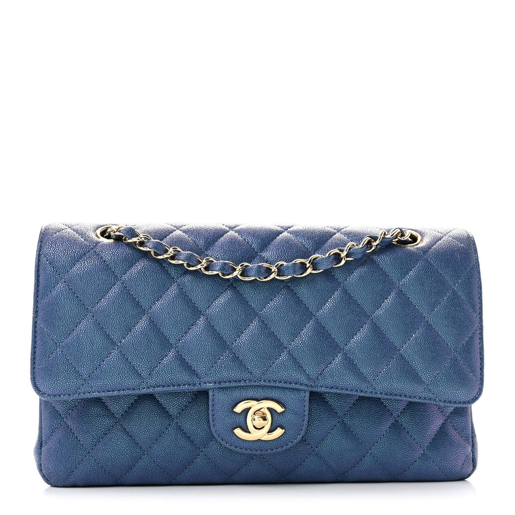 Iridescent Caviar Quilted Medium Double Flap Dark Blue