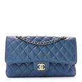 Iridescent Caviar Quilted Medium Double Flap Dark Blue