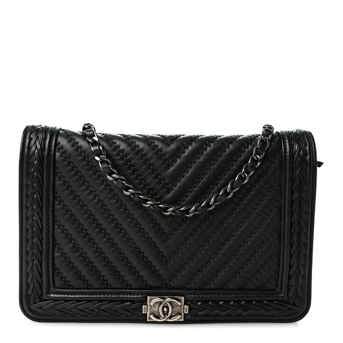 Calfskin Chevron Quilted Braided Boy Wallet On Chain WOC Black