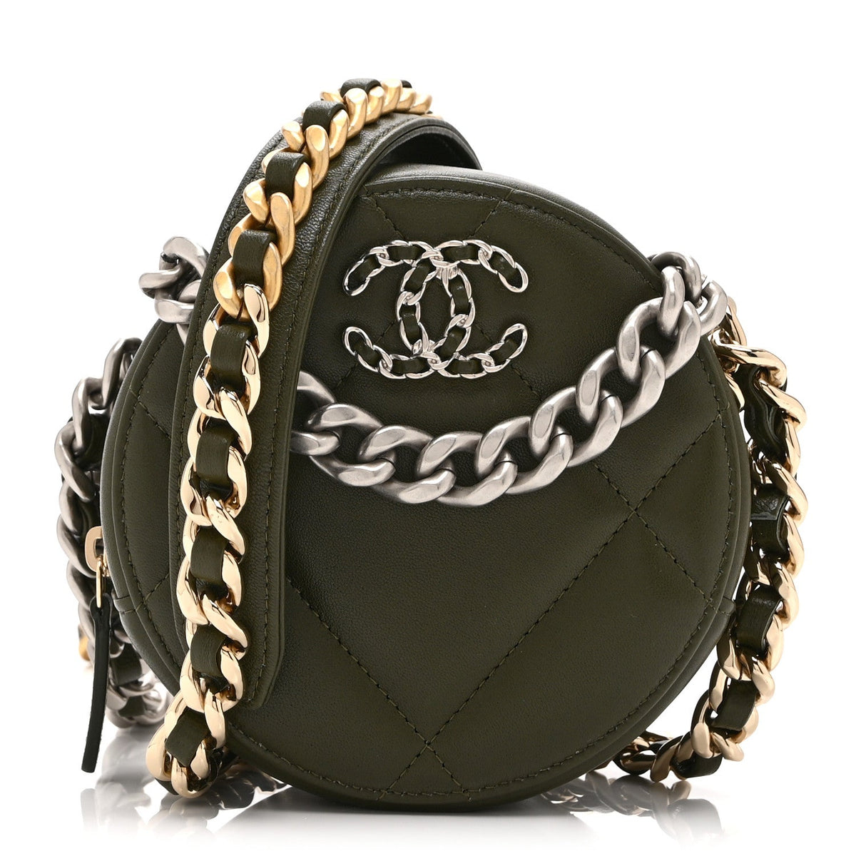 Lambskin Quilted Chanel 19 Round Clutch With Chain Green