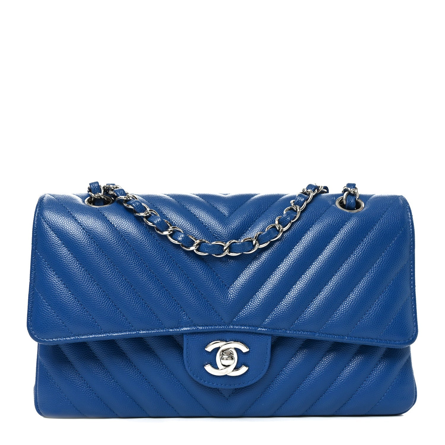Caviar Chevron Quilted Medium Double Flap Blue