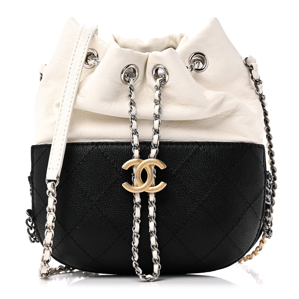 Aged Calfskin Quilted Small Gabrielle Bucket White Black
