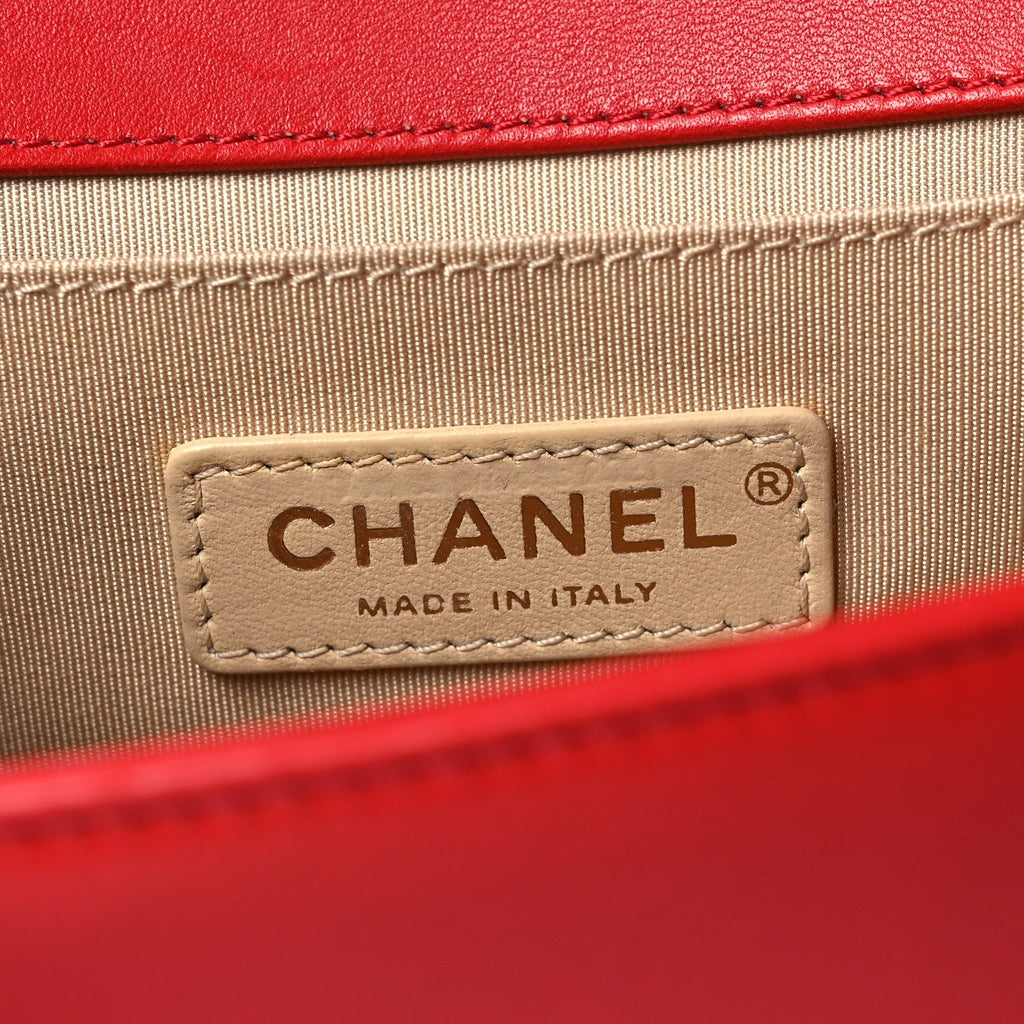 Lambskin Chevron Chain Stitched Medium Boy Flap Red