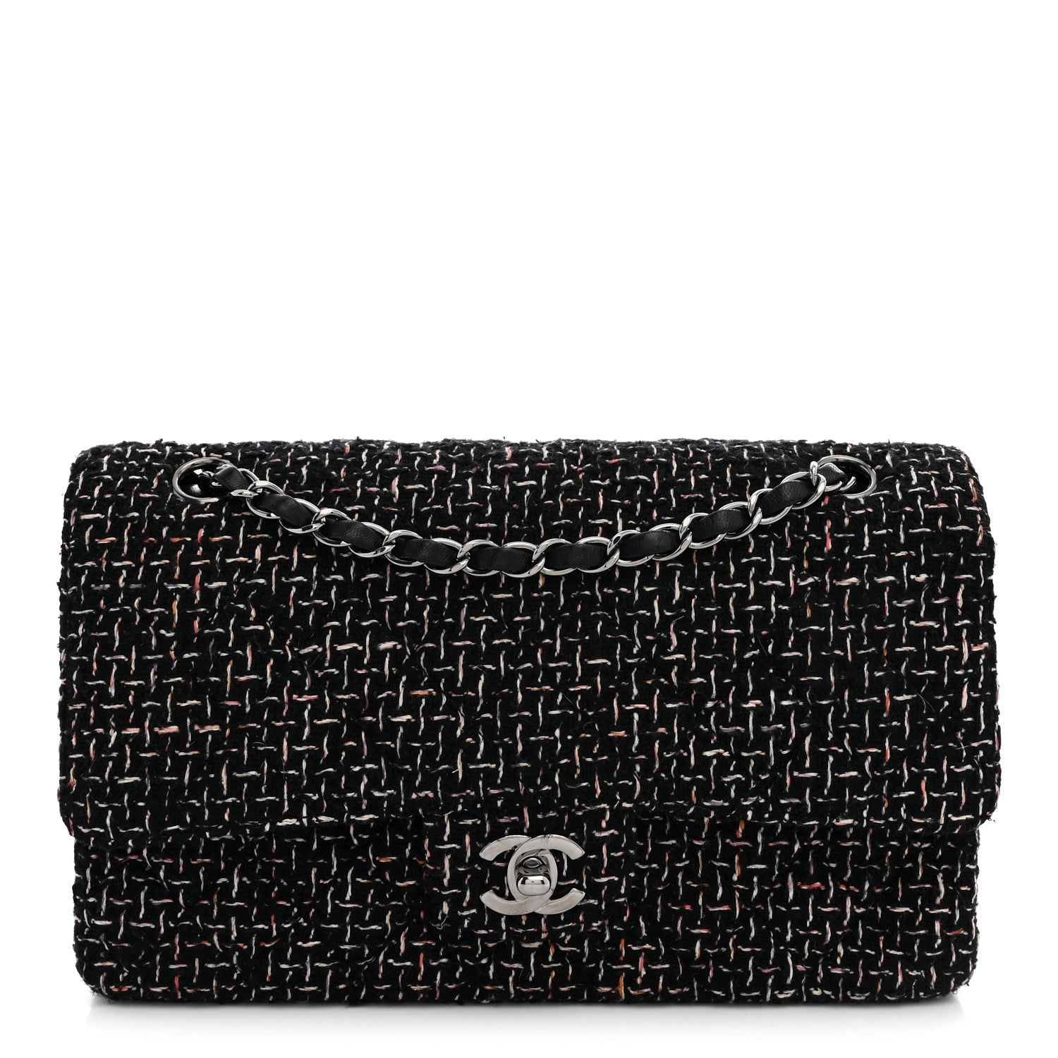 Tweed Quilted Medium Double Flap Black