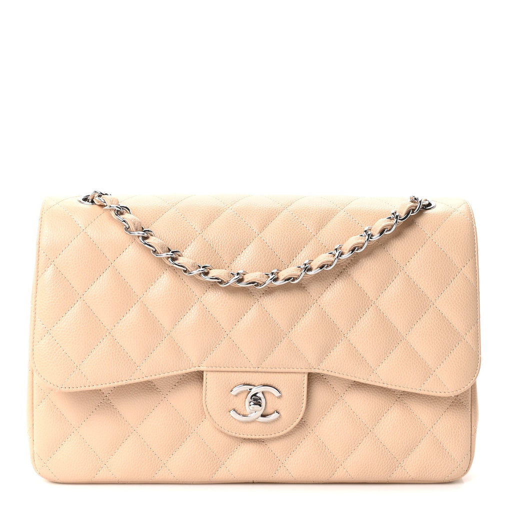 Caviar Quilted Jumbo Double Flap Beige Clair