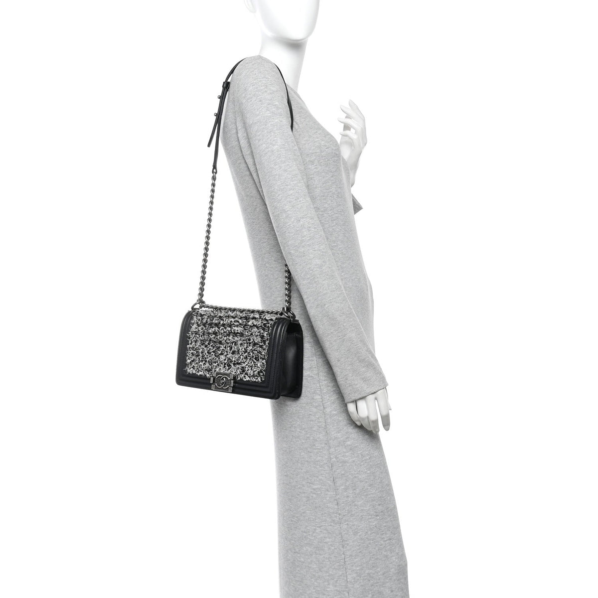 Tweed Calfskin Medium Boy Flap Black White