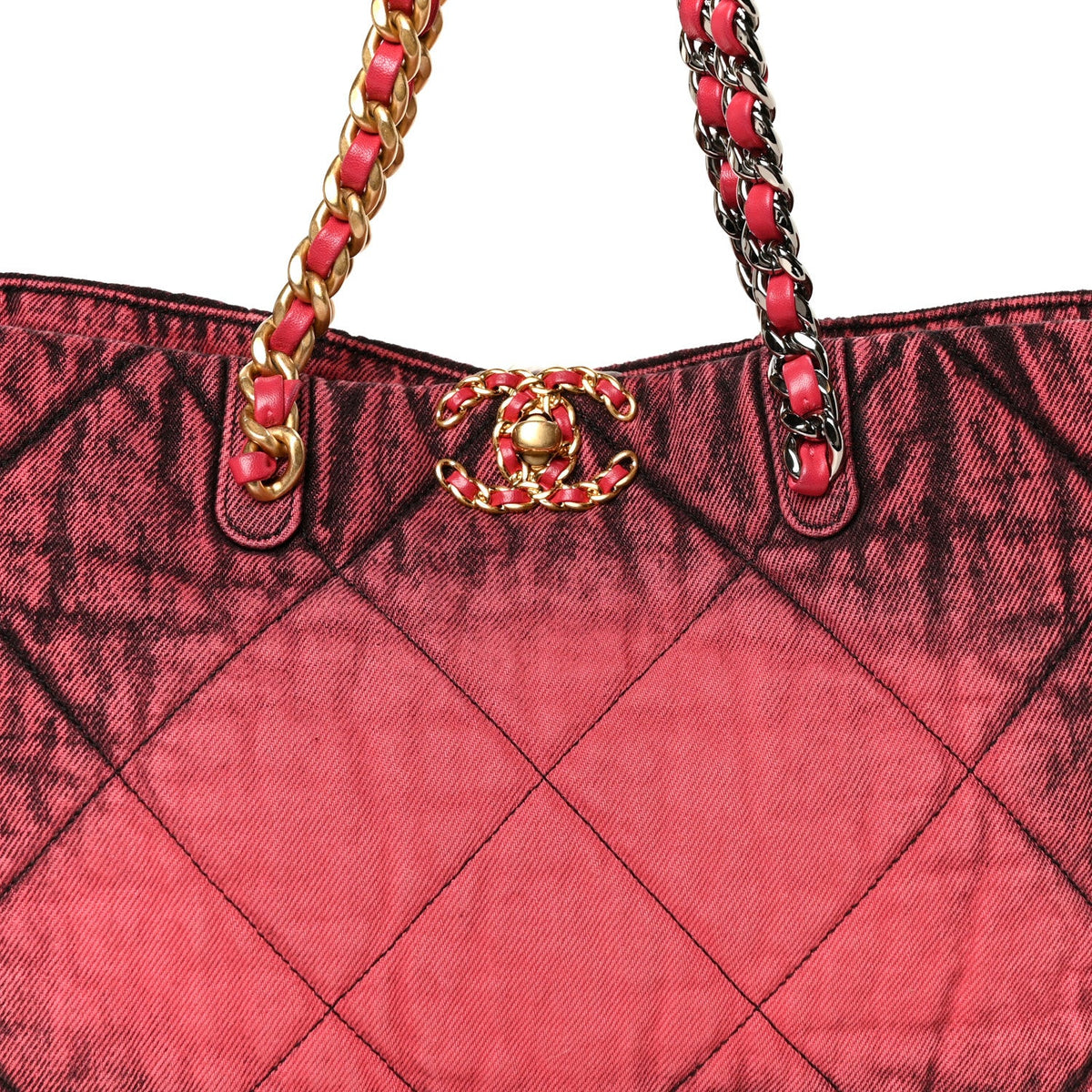 Washed Denim Quilted Chanel 19 East West Shopping Bag Pink