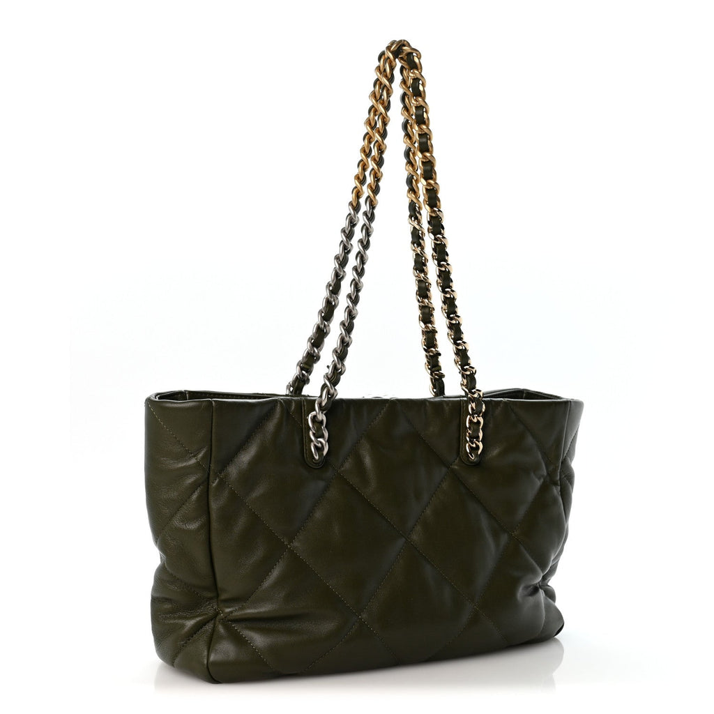 Lambskin Quilted Chanel 19 East West Shopping Bag Dark Green