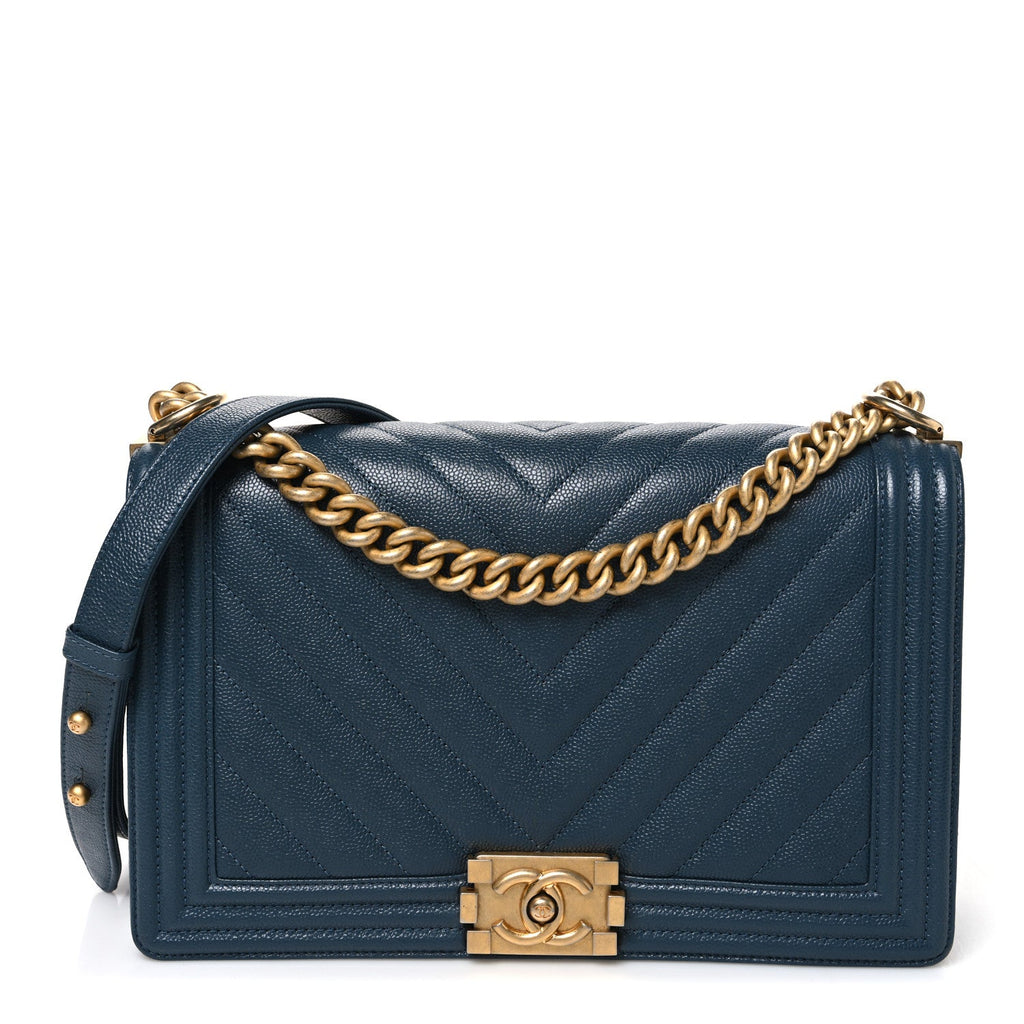 Caviar Chevron Quilted New Medium Boy Flap Blue