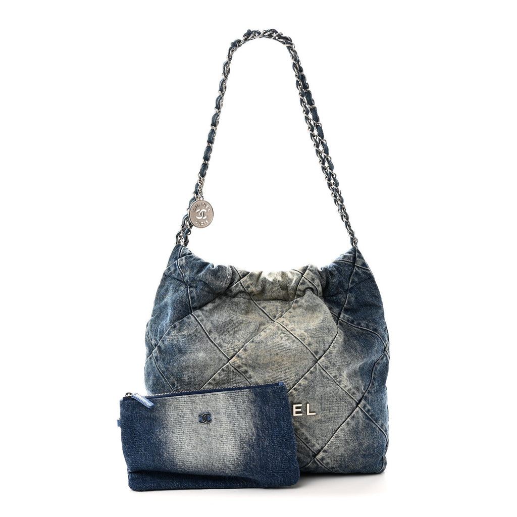 Denim Quilted Small Chanel 22 Blue