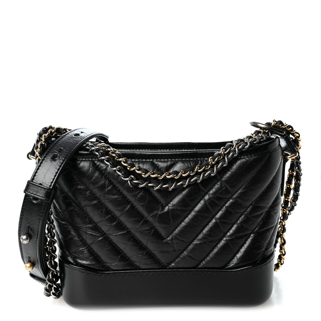 Aged Calfskin Chevron Quilted Small Gabrielle Hobo Black