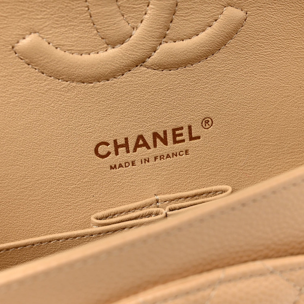 Caviar Quilted Medium Double Flap Beige