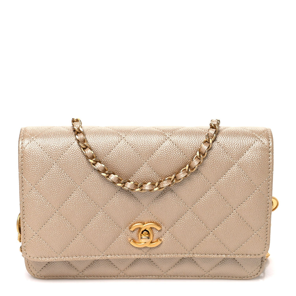 Metallic Caviar Quilted Coin Wallet On Chain WOC Gold