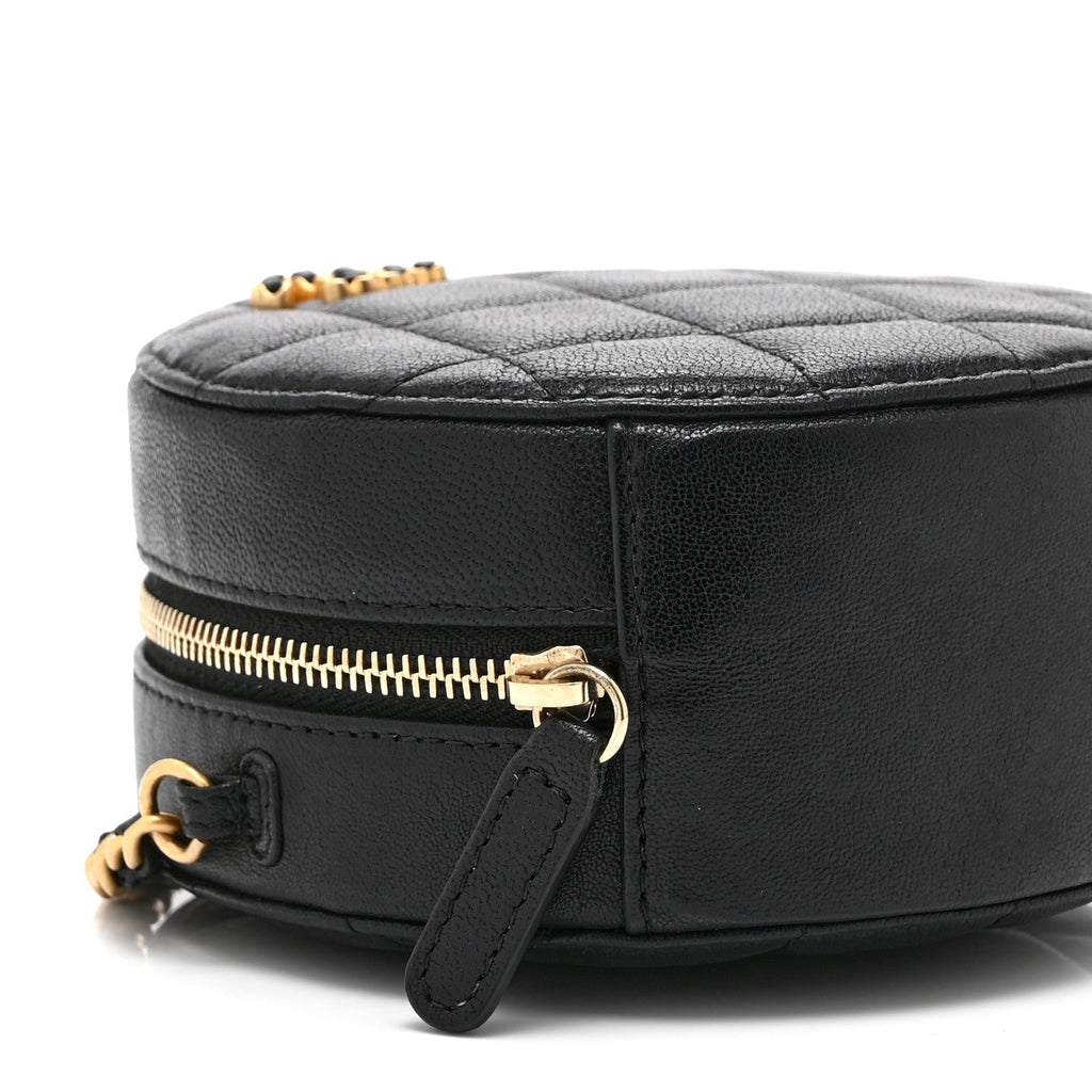 Goatskin Quilted Chanel 19 Round Clutch With Chain Black Black