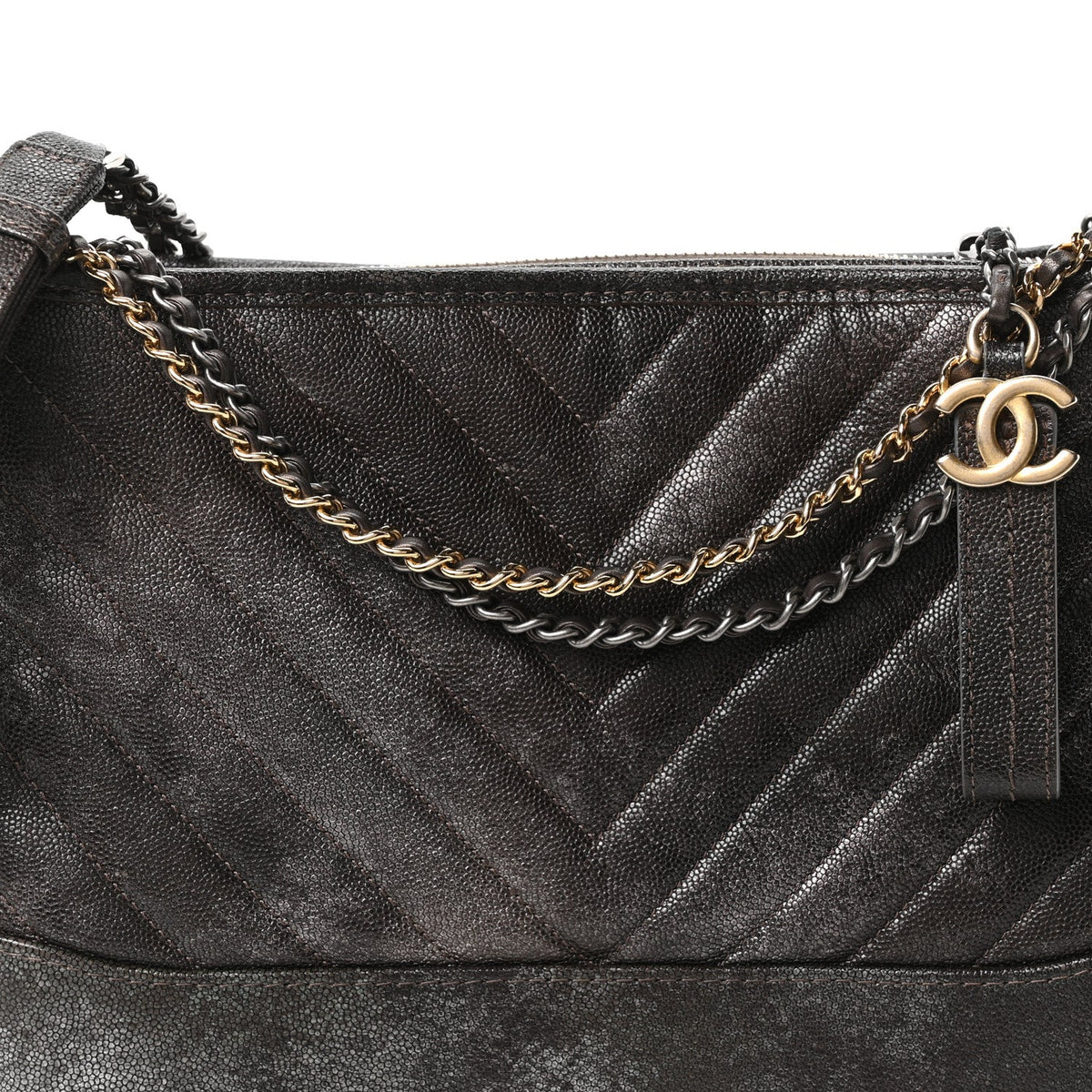 Metallic Caviar Chevron Quilted Medium Gabrielle Hobo Dark Silver Gold