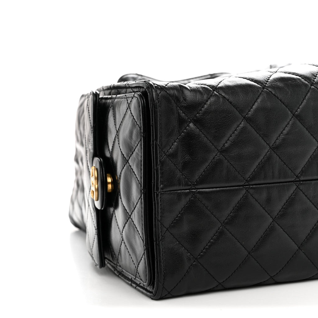 Shiny Crumpled Calfskin Quilted Medium Chanel 25 Handbag Black