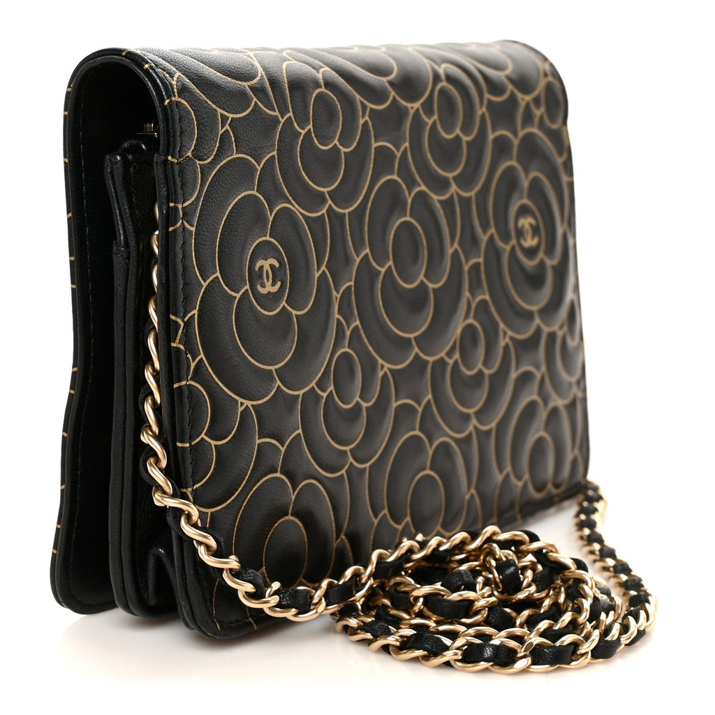 Lambskin Camellia Embossed Wallet On Chain WOC Black Gold