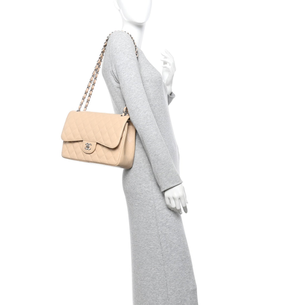 Caviar Quilted Jumbo Double Flap Light Beige