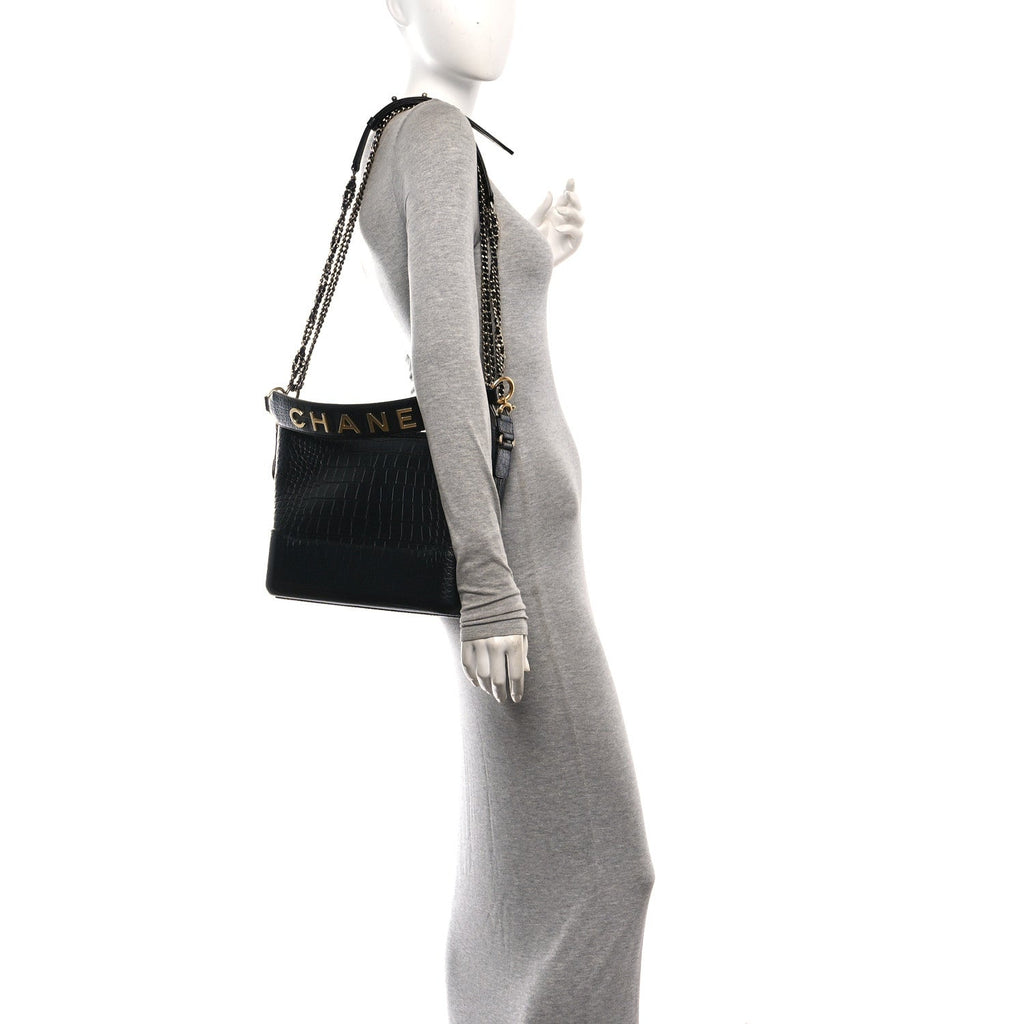 Crocodile Embossed Calfskin Medium Gabrielle Cocodile Hobo Black