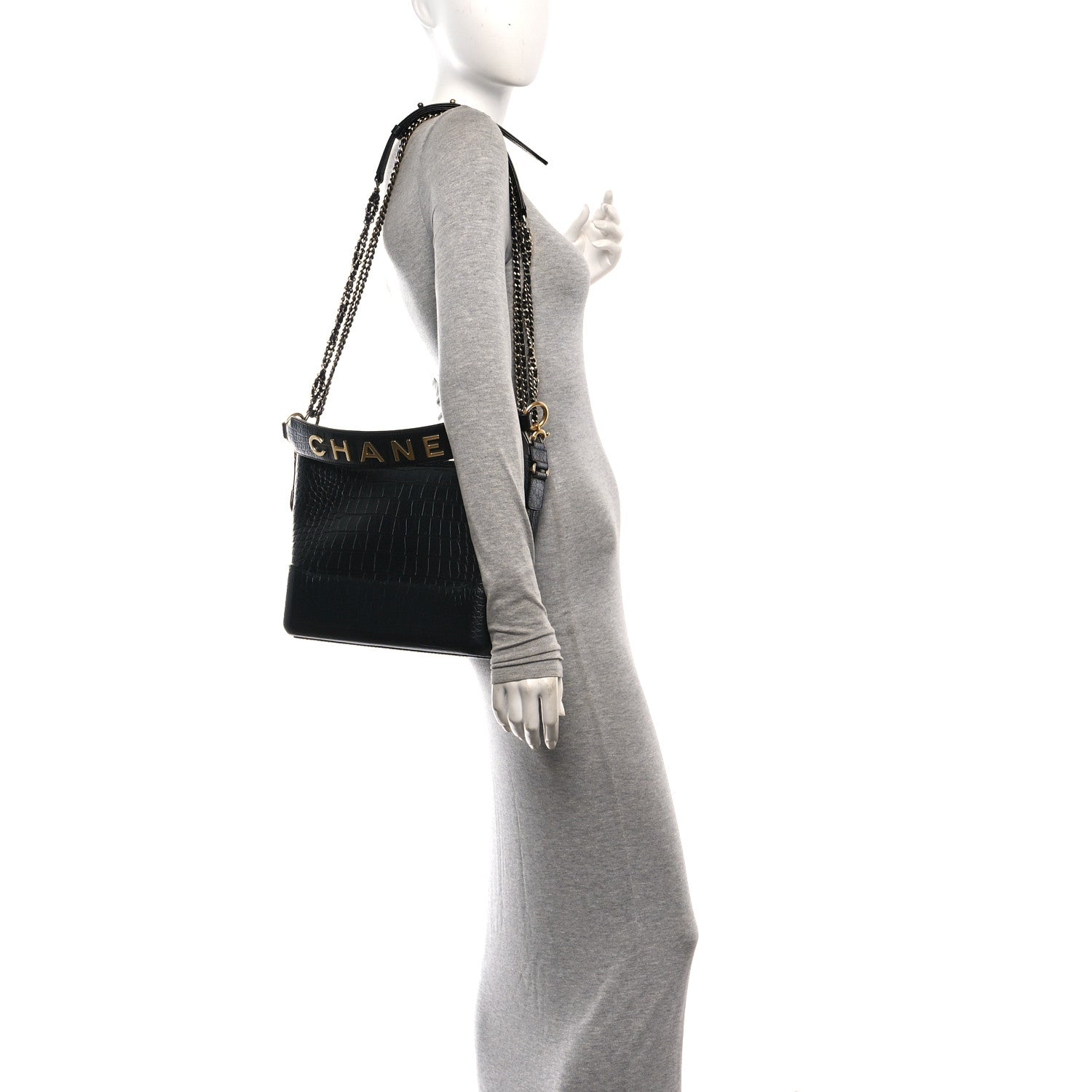 Crocodile Embossed Calfskin Medium Gabrielle Cocodile Hobo Black