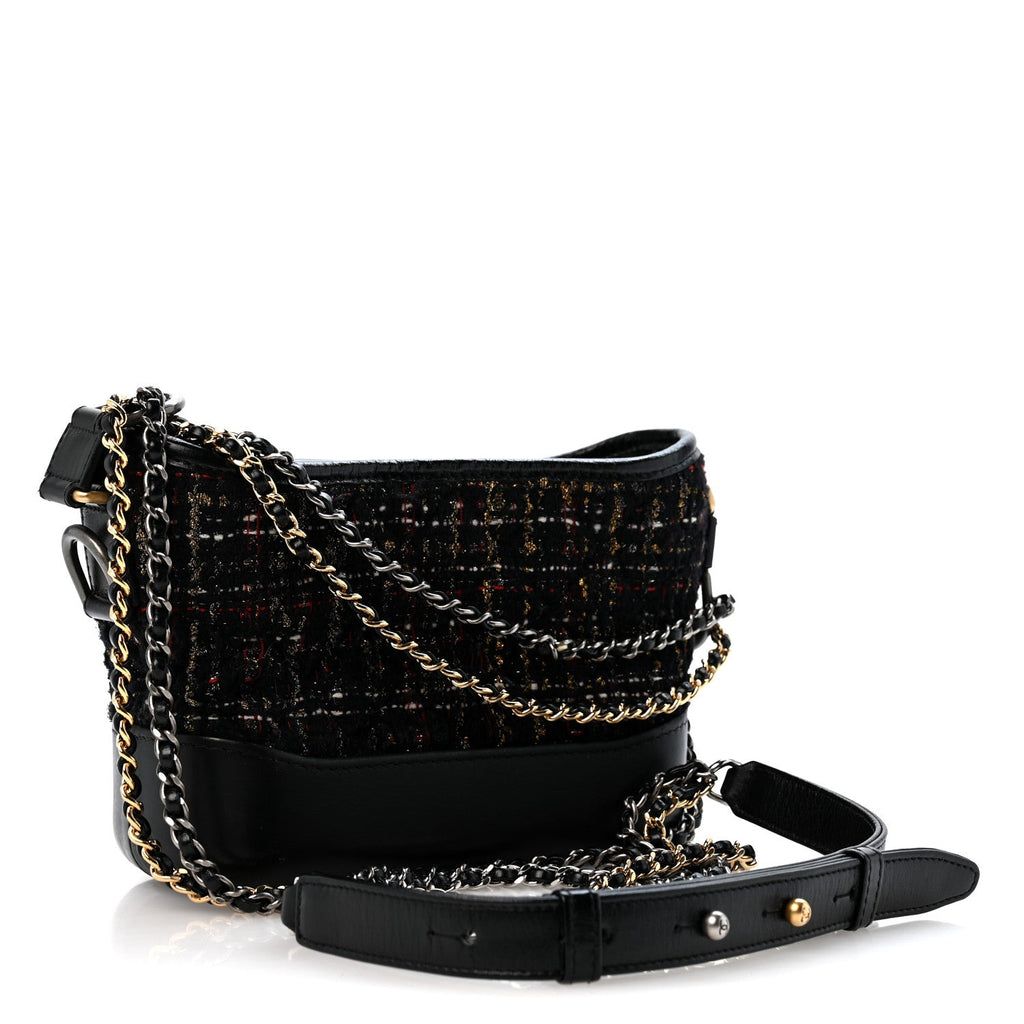 Tweed Calfskin Quilted Small Gabrielle Hobo Black Gold