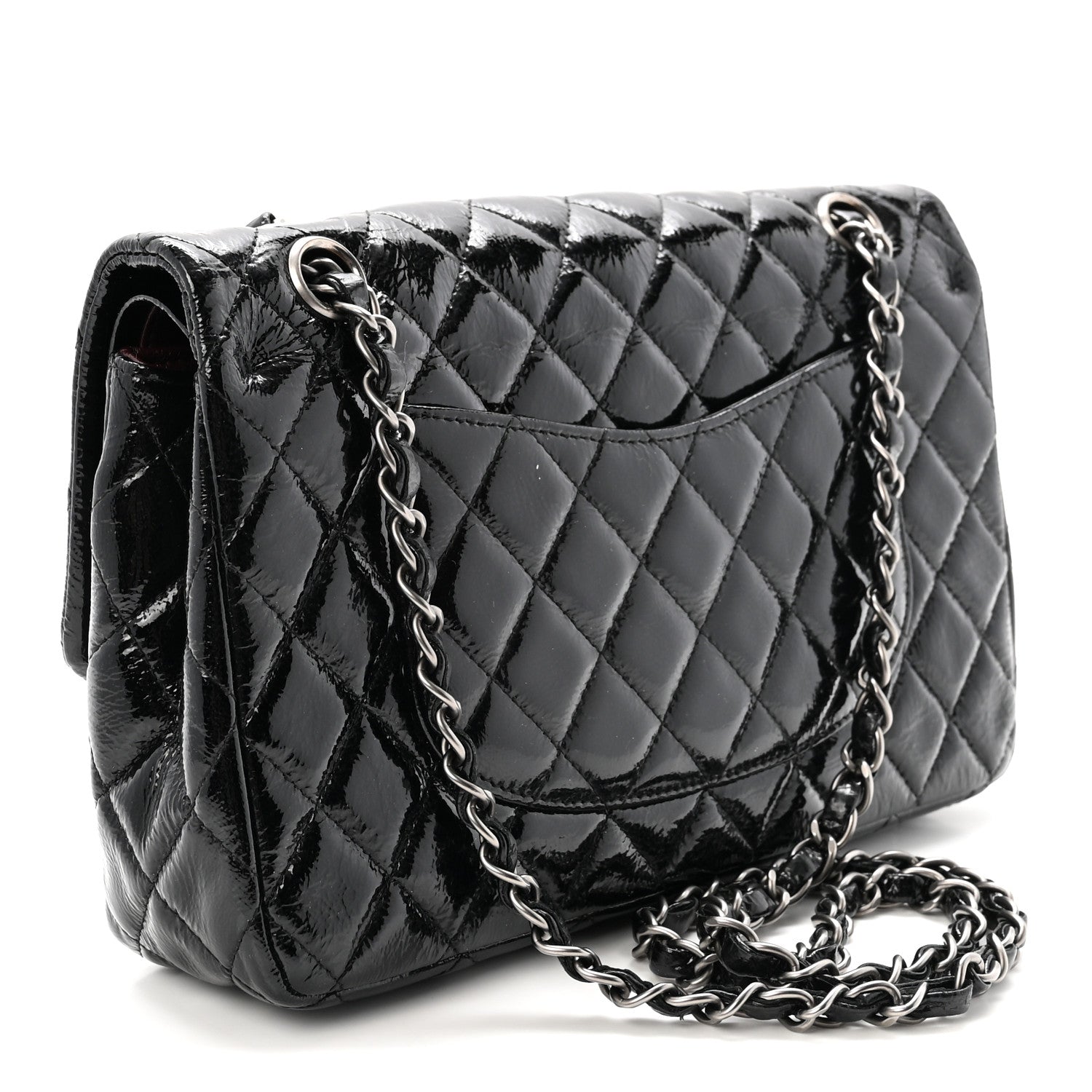 Crumpled Patent Quilted Medium Double Flap Black