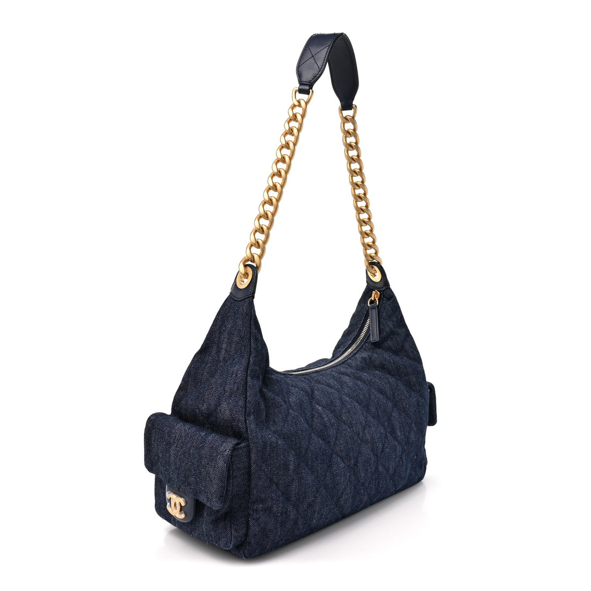 Washed Denim Quilted Large Trendy Pockets Hobo Dark Blue