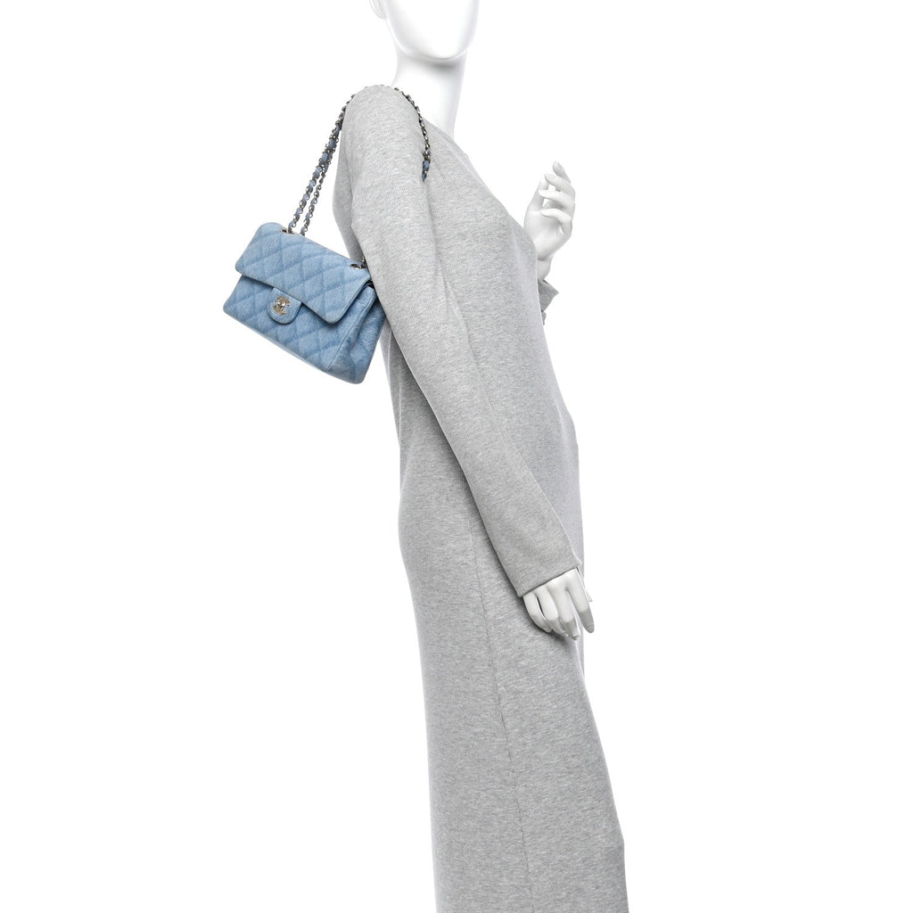 Printed Denim Quilted Small Double Flap Light Blue