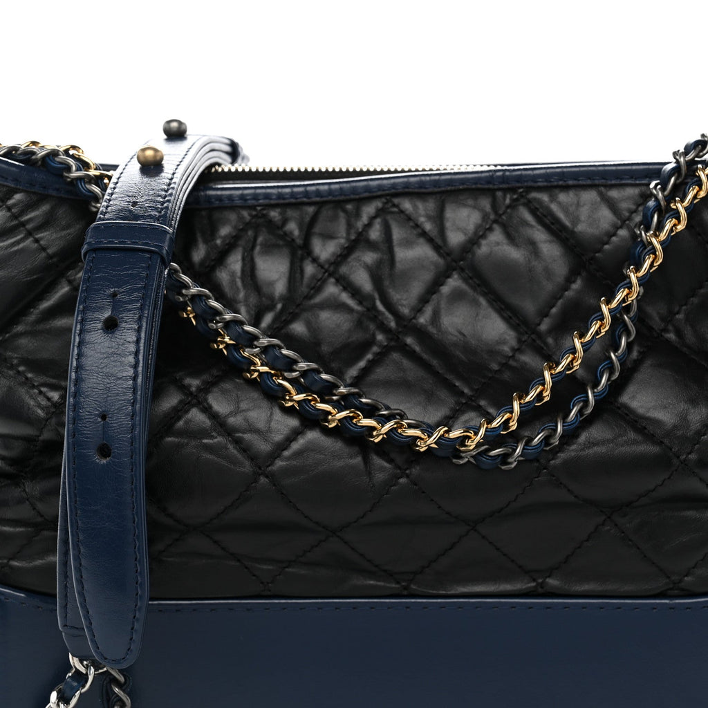 Aged Calfskin Quilted Medium Gabrielle Hobo Black Navy