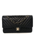 Caviar Chevron Quilted Medium Double Flap Black