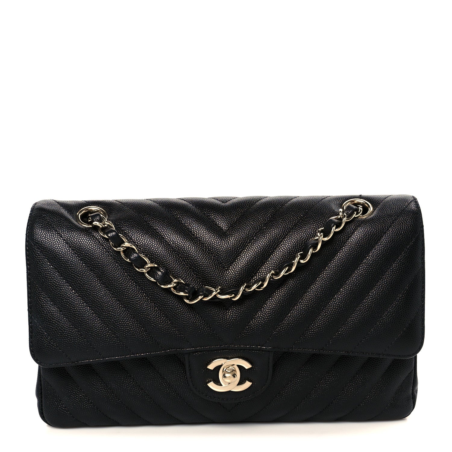 Caviar Chevron Quilted Medium Double Flap Black