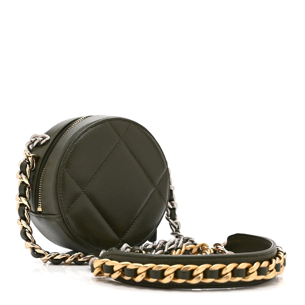 Lambskin Quilted Chanel 19 Round Clutch With Chain Khaki