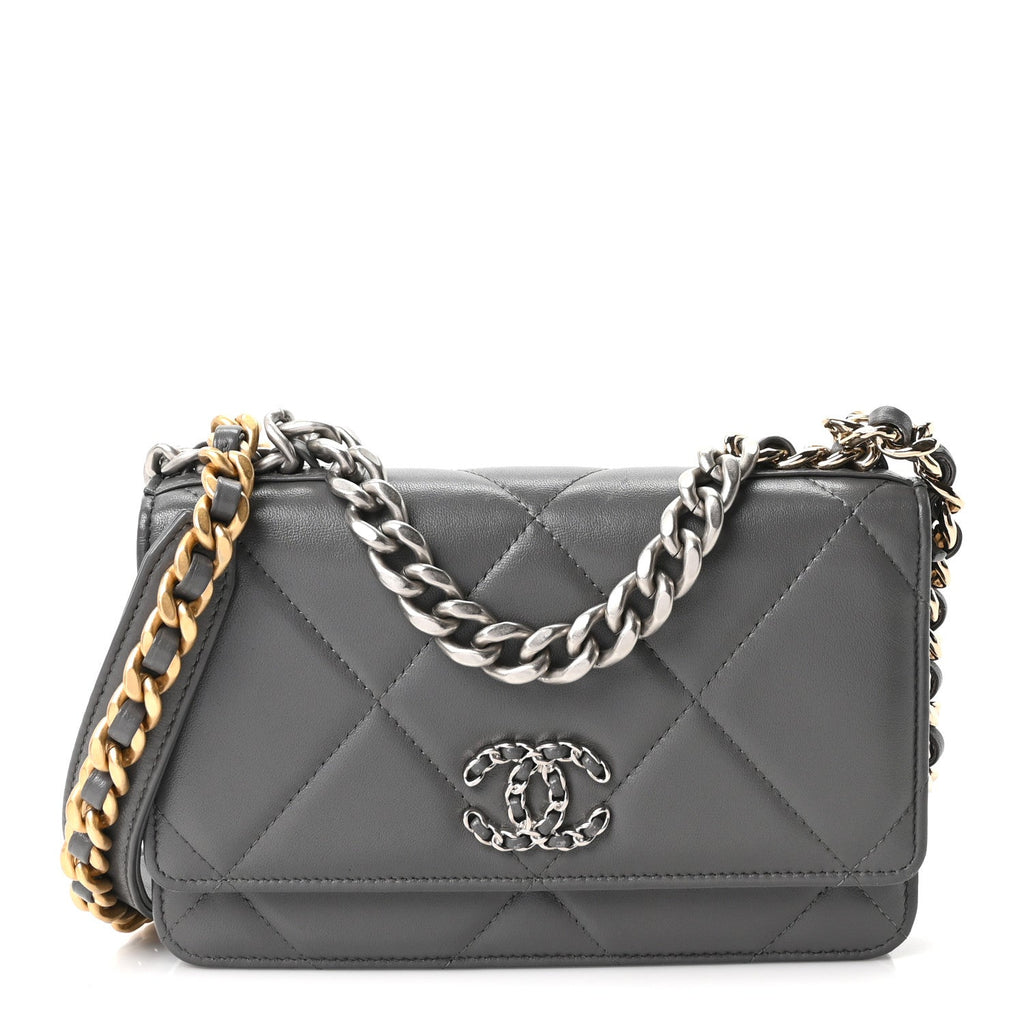 Lambskin Quilted Chanel 19 Wallet On Chain WOC Grey